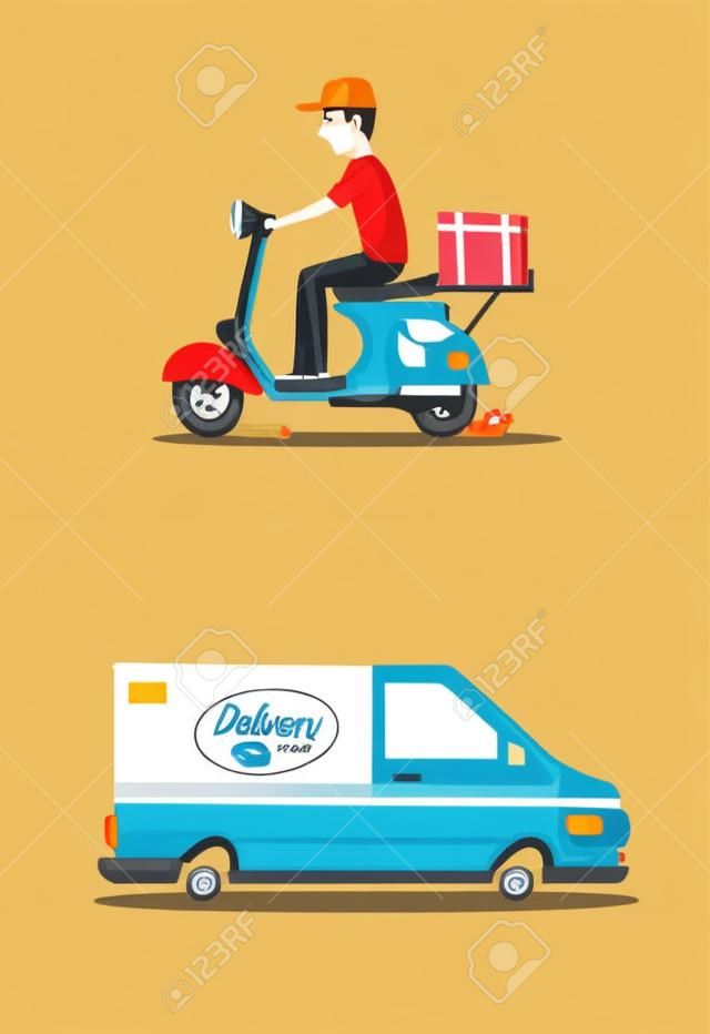 麵包車和摩托車的送貨服務。包裹運送車。卡通矢量圖