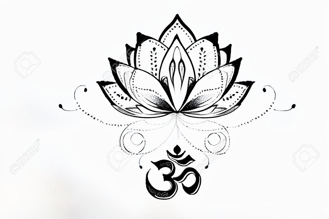 Sketch lotus and om signs on white background.