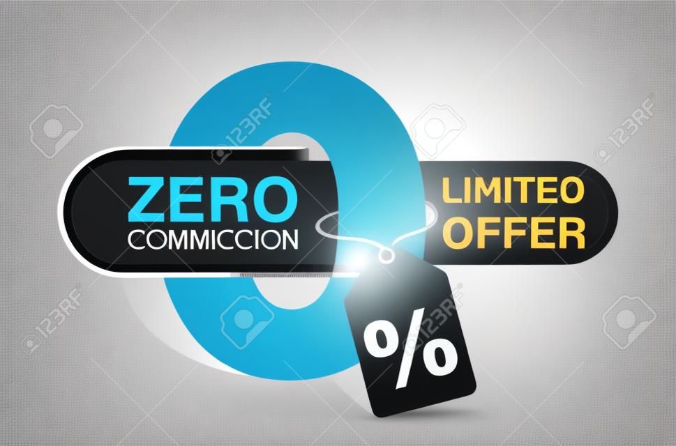 Zero percent commission banner template - 0 in cartoon decoration with tag and place for sample text - isolated vector promo poster or web element