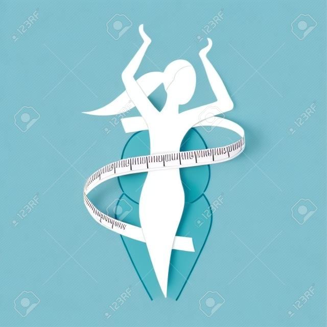 Programa de dieta de desafio de perda de peso (ícone isolado) - silhueta abstrata da mulher (figura gorda e elegante) com fita de medição ao redor