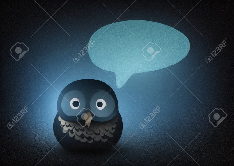 Wise owl gives useful advice. Night bird made of stone with paper message or thinking bubble on dark background