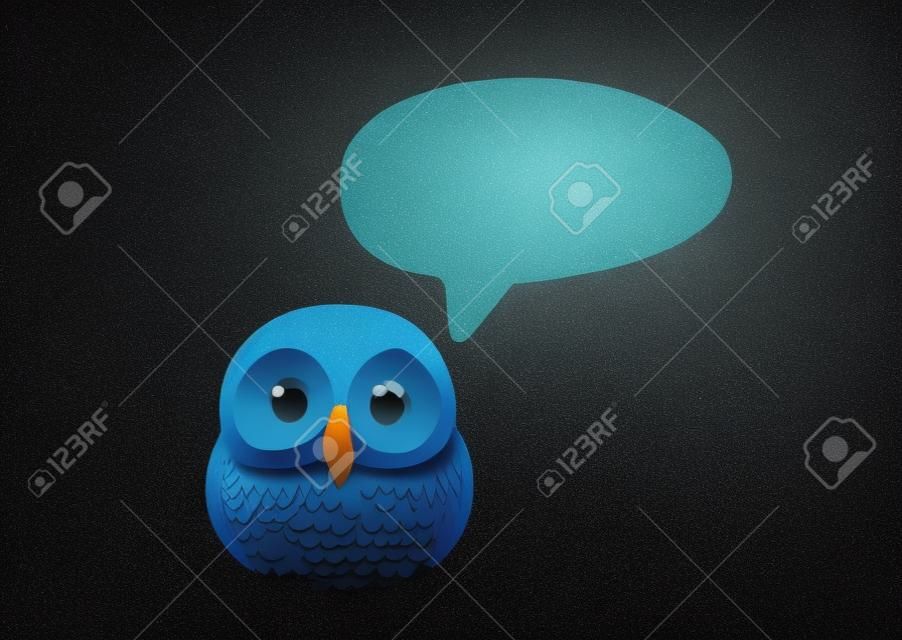 Wise owl gives useful advice. Night bird made of stone with paper message or thinking bubble on dark background