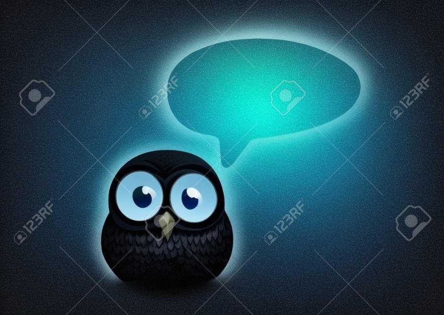 Weise Eule gibt nützliche Ratschläge. Nachtvogel aus Stein mit Papierbotschaft oder Denkblase auf dunklem Hintergrund