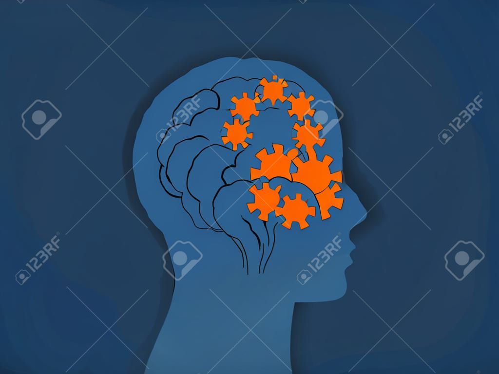 COVID-19 coronavirus Affect the Brain. Human head profile with viruses inside a brain. Vector illustration