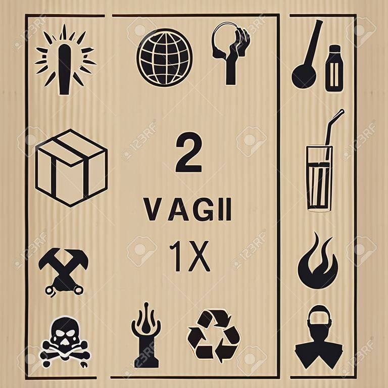 Vrachtsymbolen op kartonnen textuur. Handling, verpakking en voorzichtigheidsborden