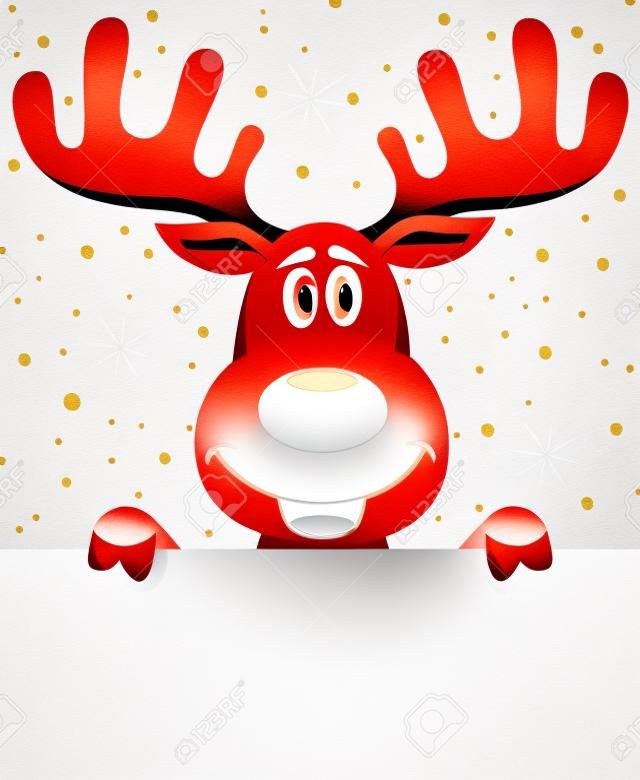 xmas illustration of happy rudolph deer holding blank paper for your text