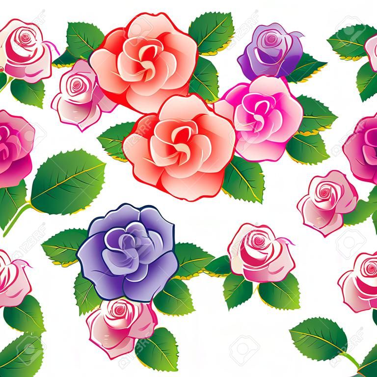 arrière-plan de vecteur de roses colorés avec des feuilles