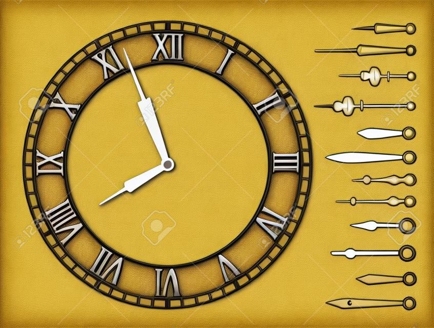 vettoriale quadrante orologio con numeri romani e set di lancette dell'orologio
