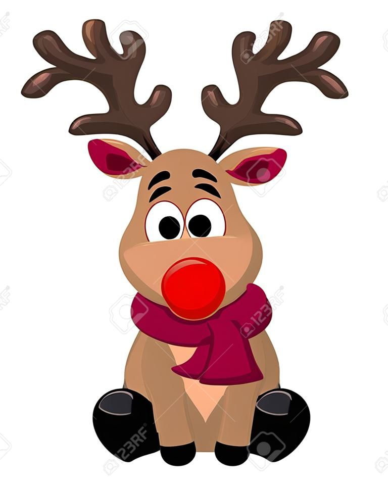 빨간 코 순록 장난감, 루돌프의 벡터 귀여운 만화. 메리 크리스마스와 새해 휴일 삽화를 위한 재미있는 캐릭터