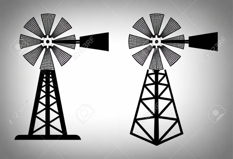 vector zwart en wit symbolen van landelijke windpomp. silhouet van boerderij windmolen. windpomp pictogrammen geïsoleerd op witte achtergrond