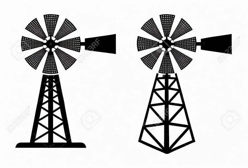 Vektor-Schwarz-Weiß-Symbole der ländlichen Windpumpe. Silhouette der Windmühle auf dem Bauernhof. Windpumpensymbole isoliert auf weißem Hintergrund