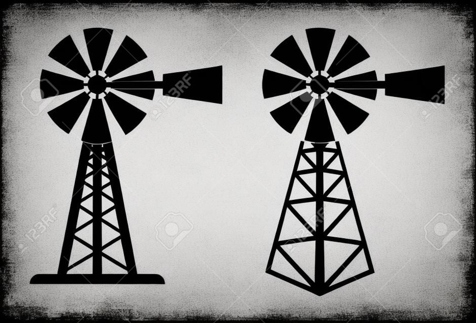 símbolos vectoriales en blanco y negro de la bomba de viento rural. silueta del molino de viento de la granja. iconos de bomba de viento aislados sobre fondo blanco