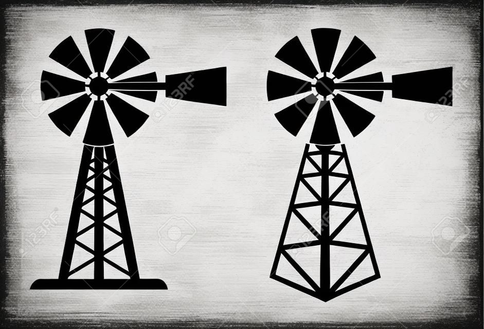 vector black and white symbols of rural windpump. silhouette of farm wind mill. windpump icons isolated on white background