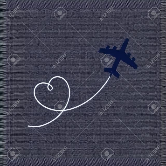 Illustrazione vettoriale del percorso dell'aeroplano. Traccia del percorso del cuore isolata su sfondo bianco.