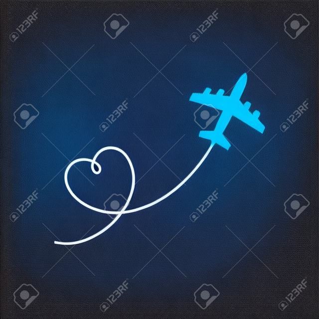 Illustrazione vettoriale del percorso dell'aeroplano. Traccia del percorso del cuore isolata su sfondo bianco.