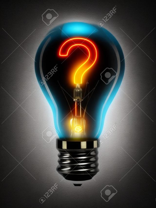 Light bulb with glowing question mark. Isolated on the black background
