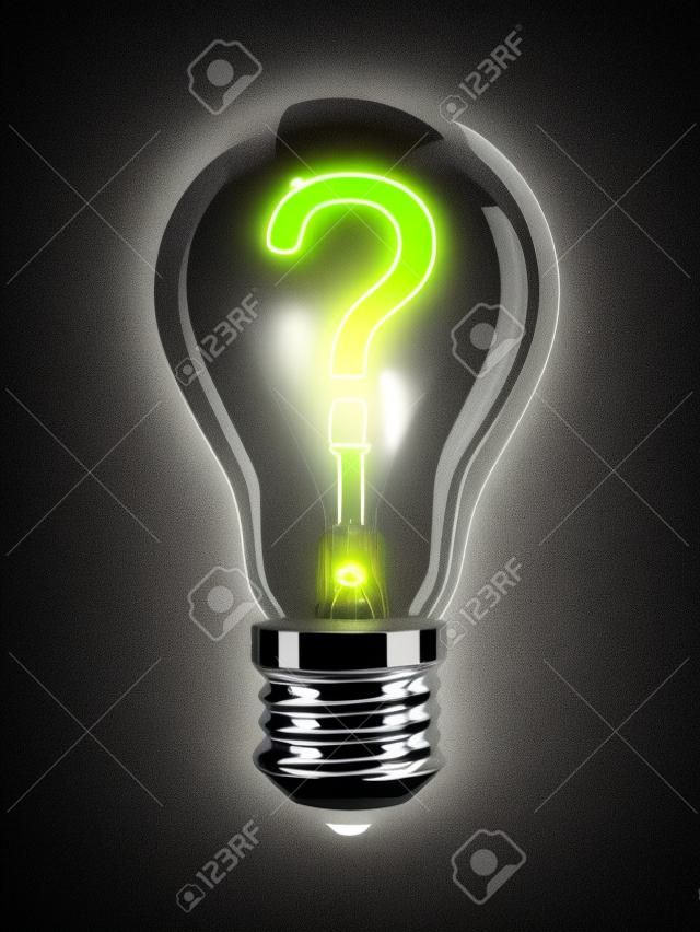 Light bulb with glowing question mark. Isolated on the black background