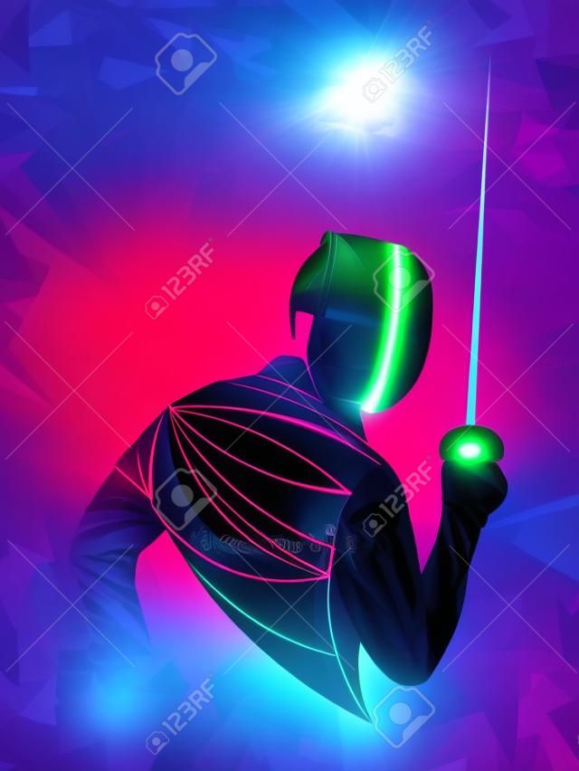 Schermidore. Uomo che indossa tuta da scherma praticando con la spada. Palazzetto dello sport e razzi di lenti. Effetto neon. Illustrazione vettoriale.