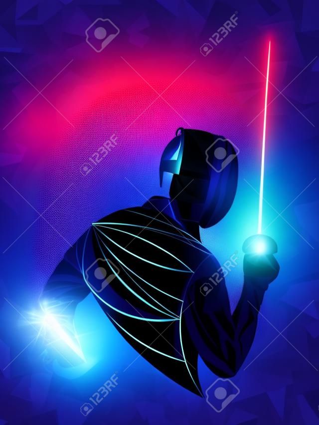 Fencer. Man wearing fencing suit practicing with sword. Sports arena and lense-flares. Neon effect. Vector illustration.