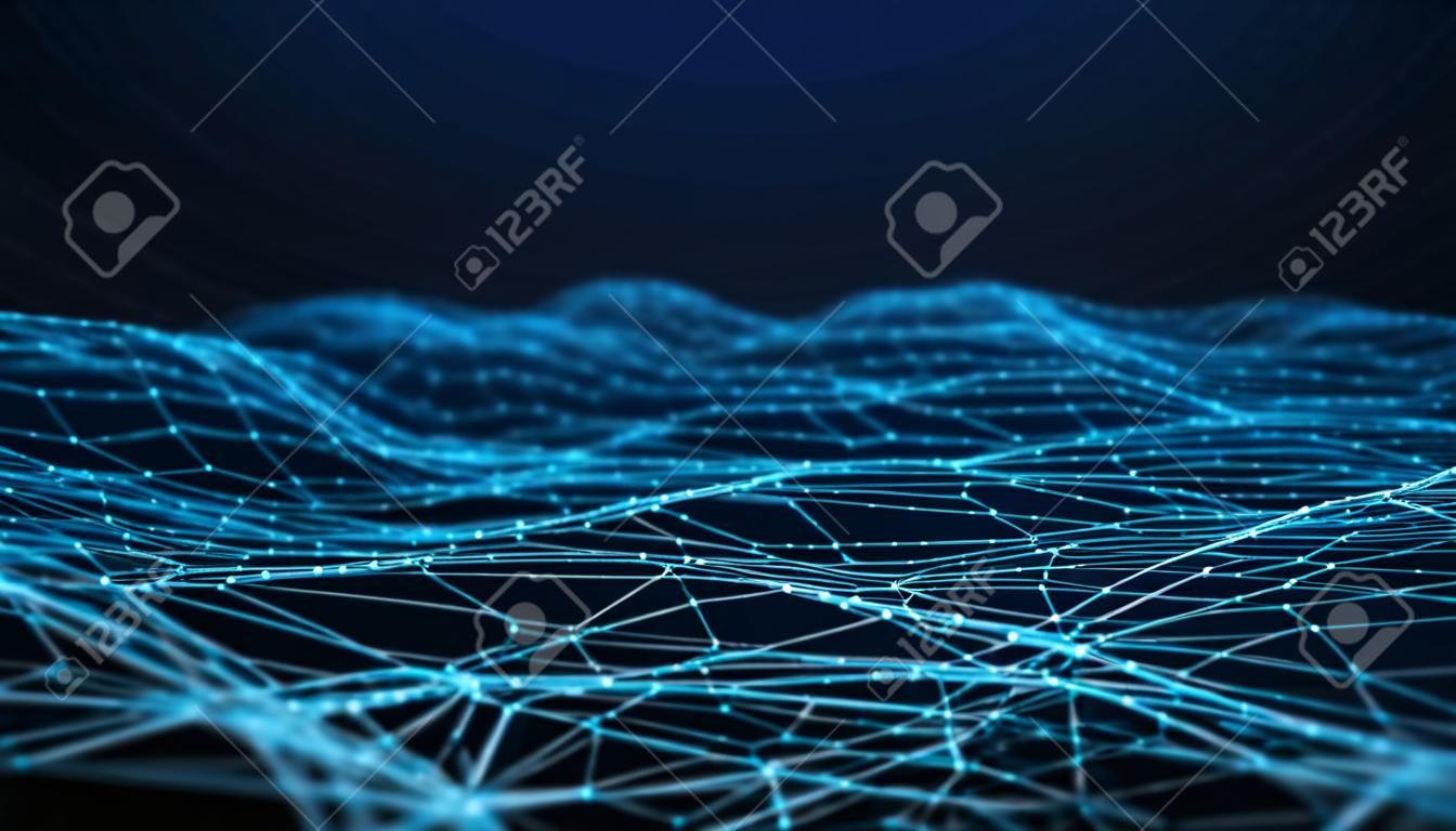 Puntos y líneas de conexión de red. Fondo de tecnología. Plexo. Antecedentes de big data. Representación 3D.