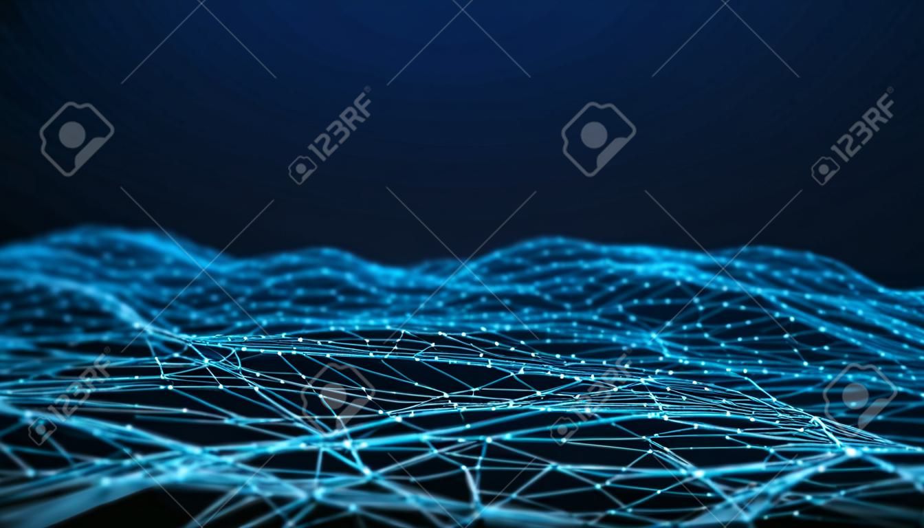 Puntos y líneas de conexión de red. Fondo de tecnología. Plexo. Antecedentes de big data. Representación 3D.