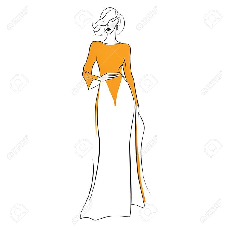 矢量時尚素描。美麗的模型站立在長的橙色連衣裙與高切和長袖。孤立在白色背景，高跟鞋的瘦身體黑色剪影。高級定制時裝秀