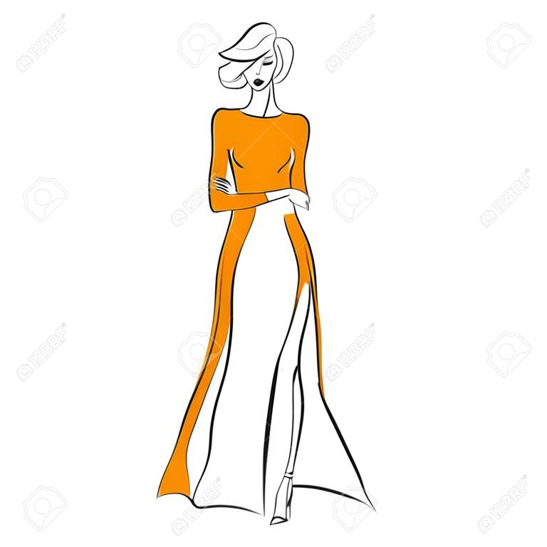 矢量時尚素描。美麗的模型站立在長的橙色連衣裙與高切和長袖。孤立在白色背景，高跟鞋的瘦身體黑色剪影。高級定制時裝秀