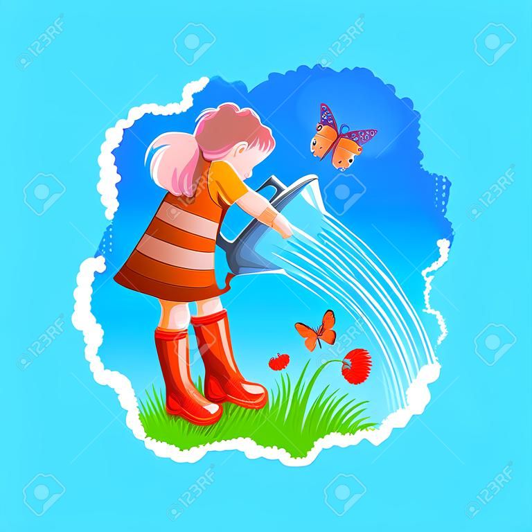 Wassermannhoroskopzeichen mit der digitalen Kunstillustration der Kinder lokalisiert auf Weiß. Auslaufende Anlagen des kleinen Mädchens auf Wiese, Schmetterling fliegt auf Hintergrund des blauen Himmels, Bewässerungsblumen und Gras durch Kind