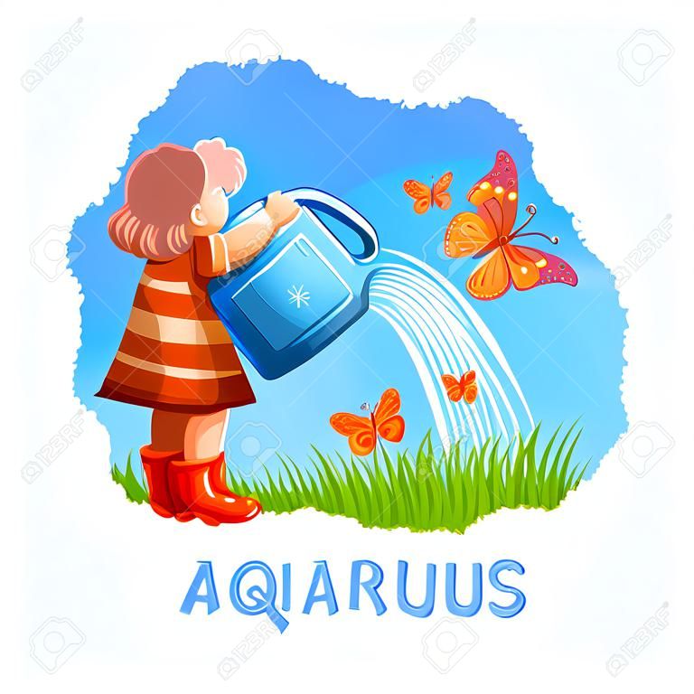 Segno di horoscope dell'acquario con l'illustrazione digitale di arte dei bambini isolata su bianco. La bambina che versa le piante sul prato, farfalla vola su fondo di cielo blu, innaffiando i fiori e l'erba dal bambino