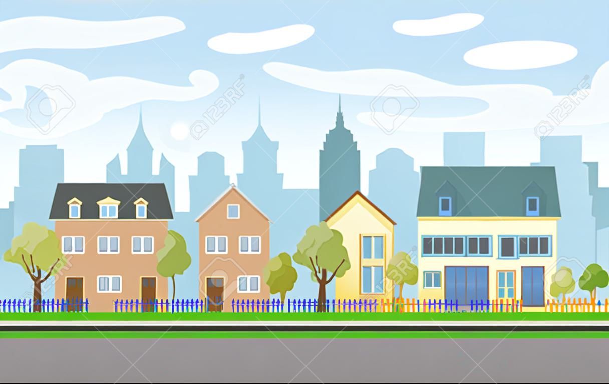 Vector la ciudad con dos casas de dibujos animados de dos pisos y árboles verdes en el día soleado. Paisaje urbano de verano. Vista a la calle con paisaje urbano sobre un fondo