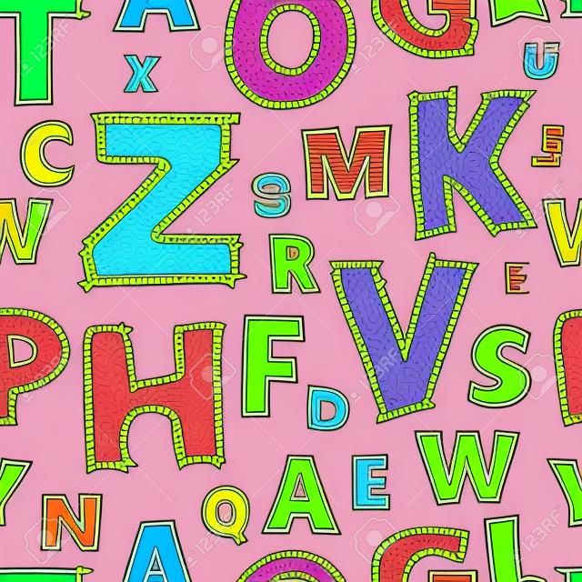 Doodle alphabet seamless background.  Endless vector pattern with black letters on a white background.