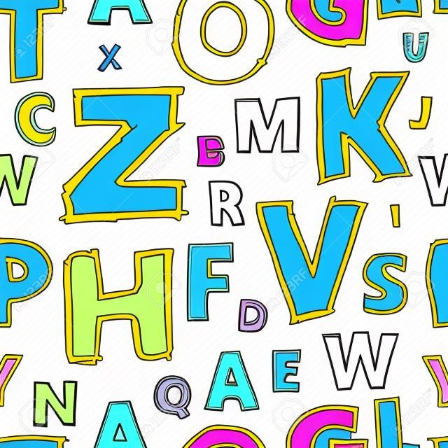 Doodle alphabet seamless background.  Endless vector pattern with black letters on a white background.