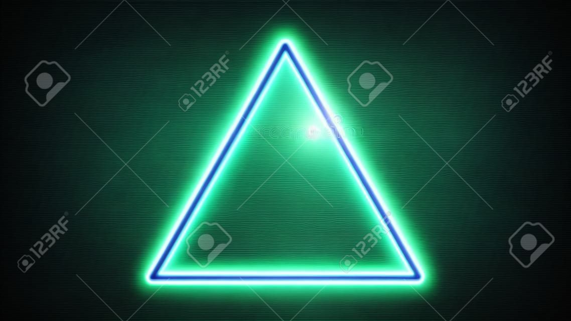 Neon triangle frame with shining effects on dark background. Empty glowing techno backdrop. Vector illustration.