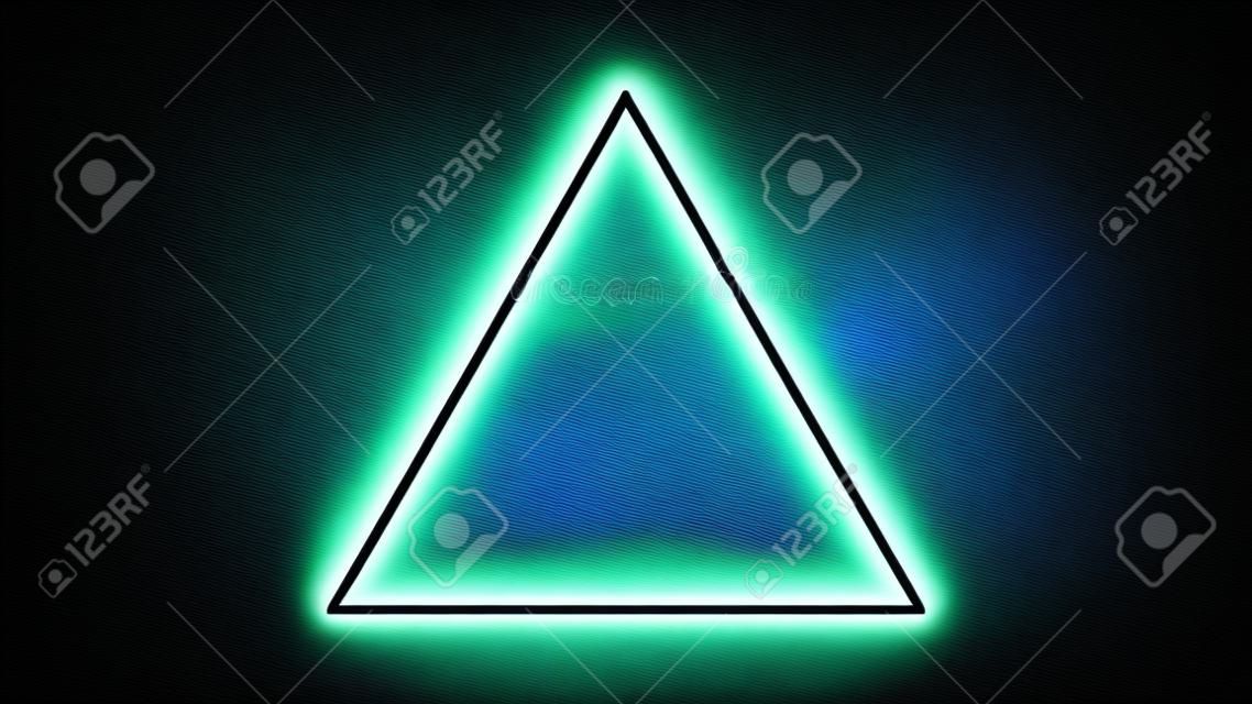 Cornice a triangolo al neon con effetti brillanti su sfondo scuro. Sfondo techno luminoso vuoto. Illustrazione vettoriale.