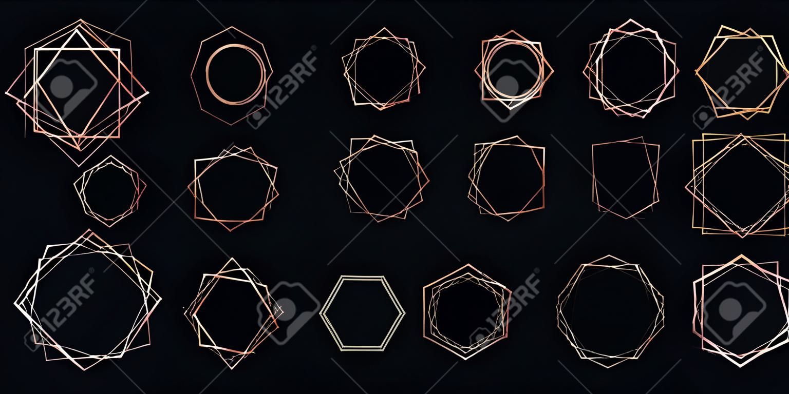 Set of eighteen rose gold geometric polygonal frames with shining effects isolated on dark background. Empty glowing art deco backdrop. Vector illustration