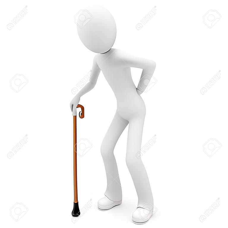 3d man old with walking stick isolated on white