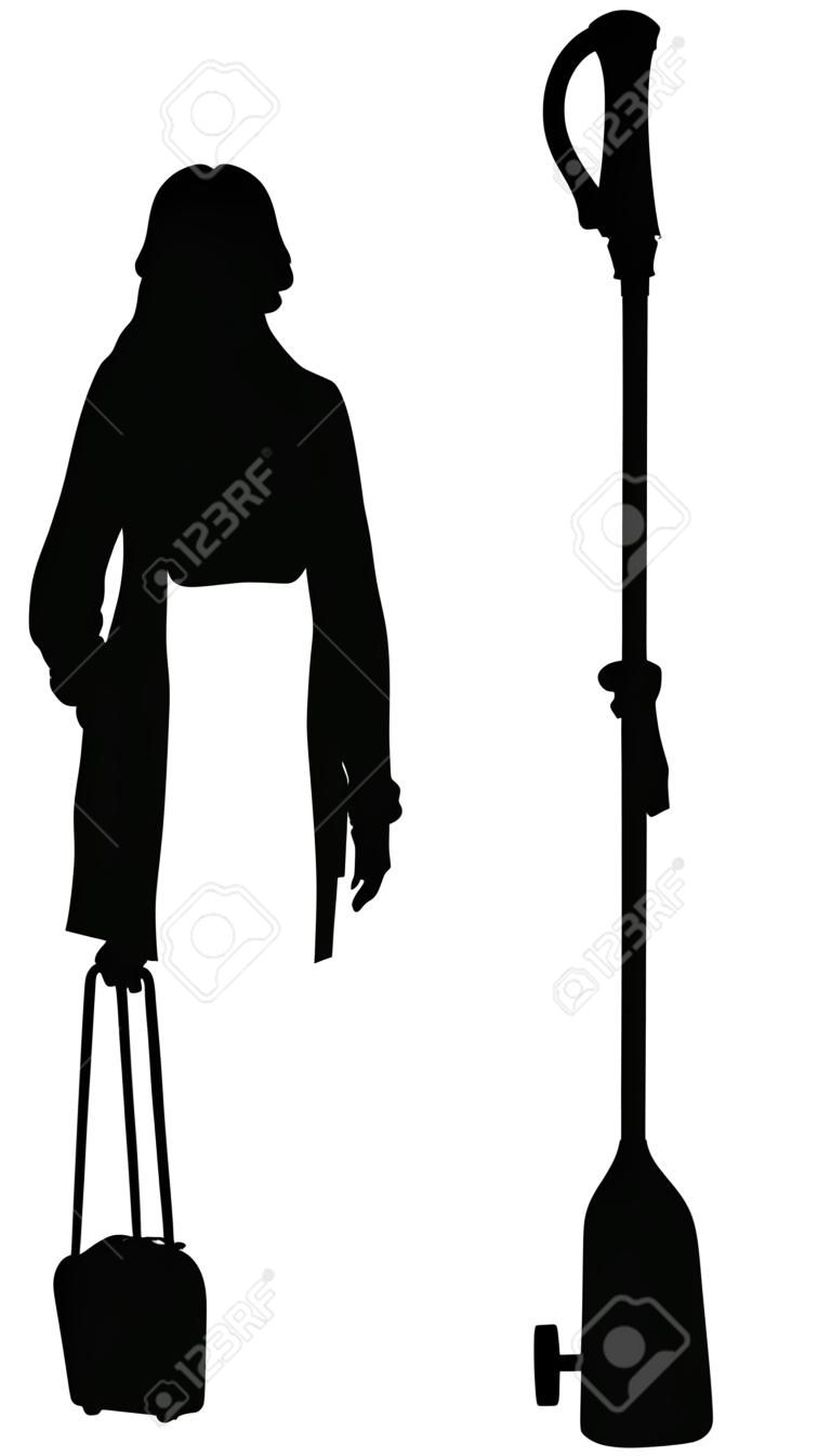 Silhouette of an elderly woman with a cane and a bag - vector