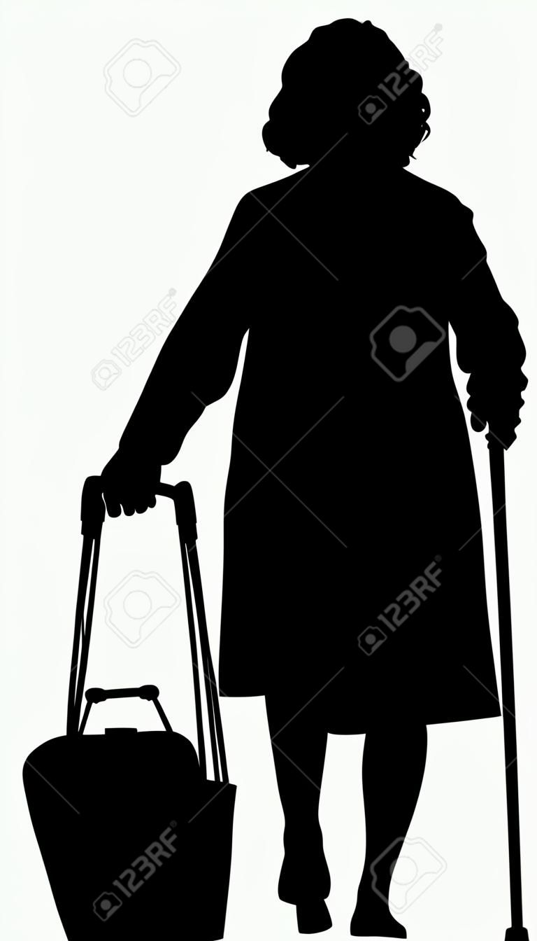 Silhouette of an elderly woman with a cane and a bag - vector