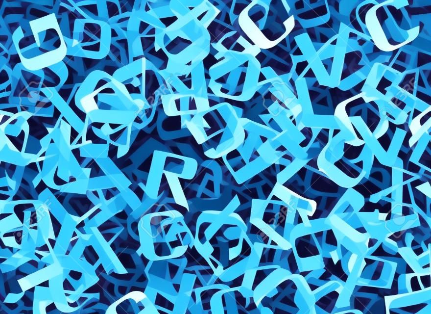 Birçok soyut mavi alfabe harfleri kaotik uçan