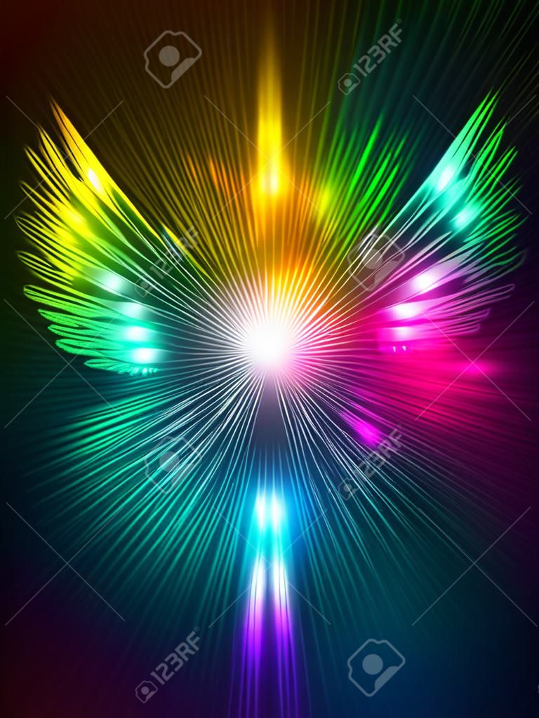 Abstract neon background with wings. neon illustration.