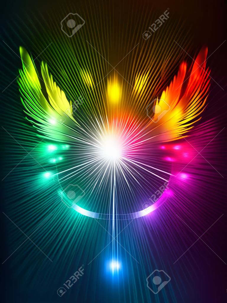 Abstract neon background with wings. neon illustration.