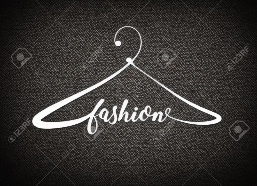 Creative fashion logo design. Vector sign with lettering and hanger symbol. Logotype calligraphy