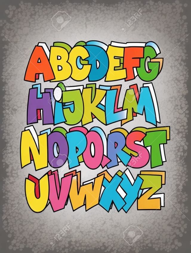Cartoon graffitis comique police alphabet. Vecteur
