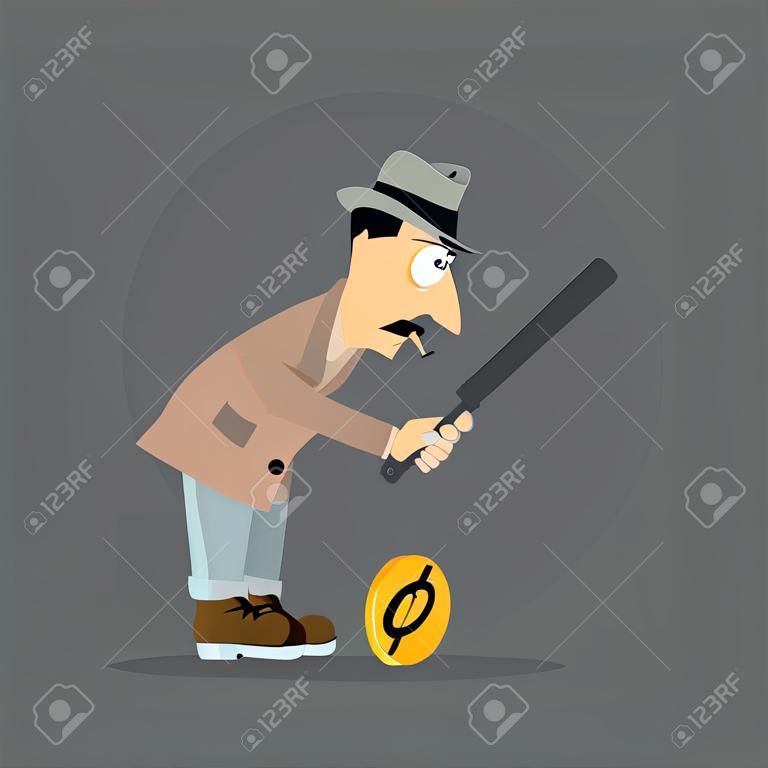 of man detective looking through a magnifying glass on the coin.