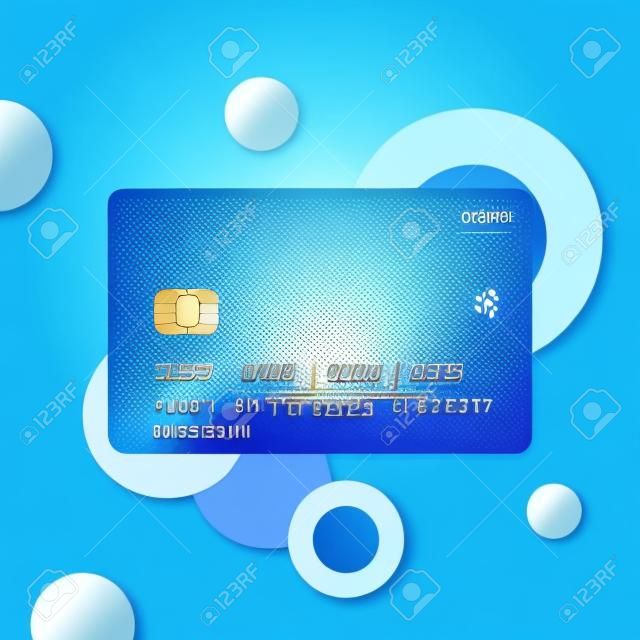 Een creditcard in de stijl van het glasmophisme op een abstracte blauwe achtergrond. Transparante kaart met hoogtepunten. Vector illustratie.