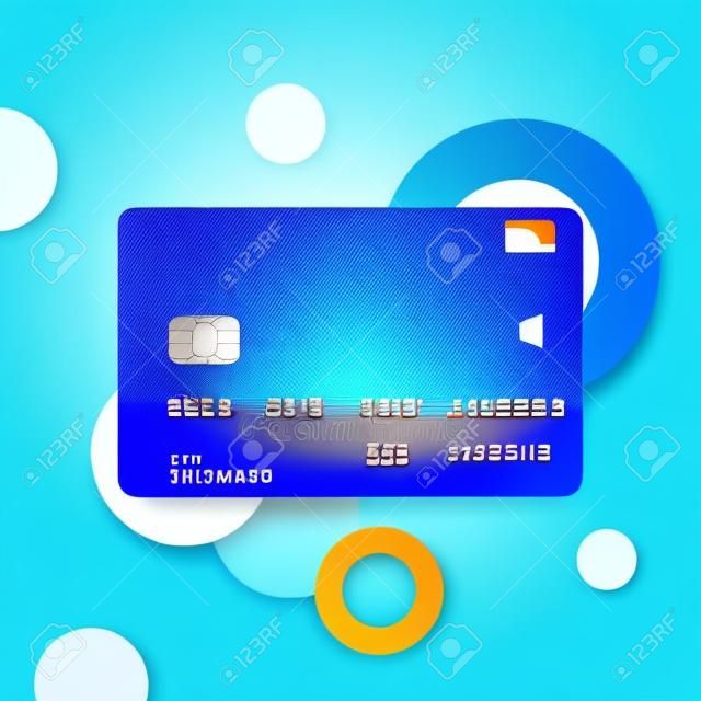 Um cartão de crédito no estilo de glasmophism em um fundo azul abstrato. Mapa transparente com destaques. Ilustração vetorial.