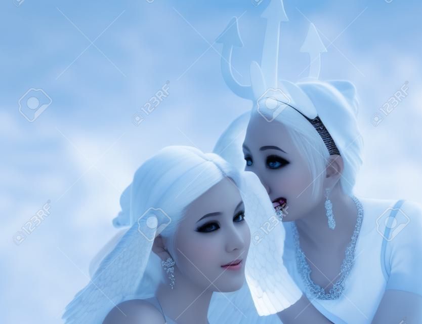 immagine di angelo e diavolo ragazze su bianco
