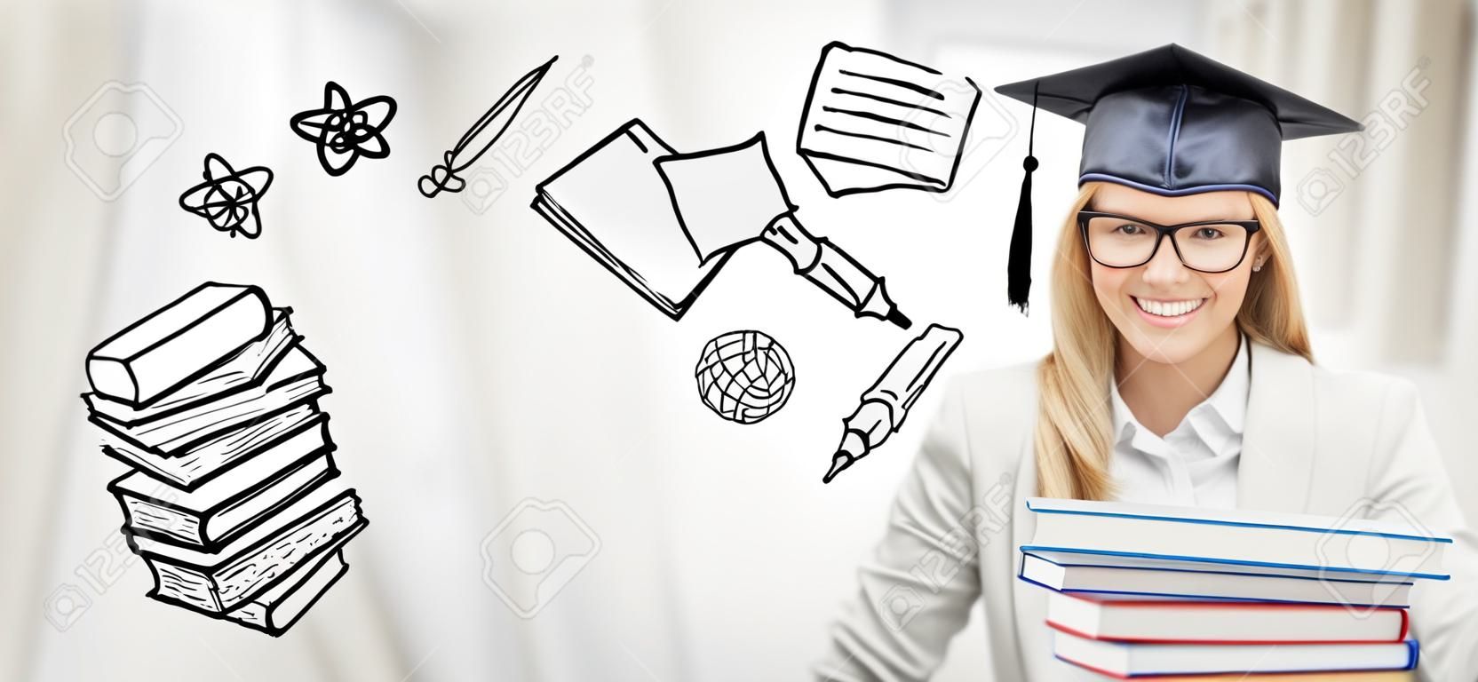 education, school, graduation and people concept - happy student girl or woman in graduation cap with stack of books over doodles