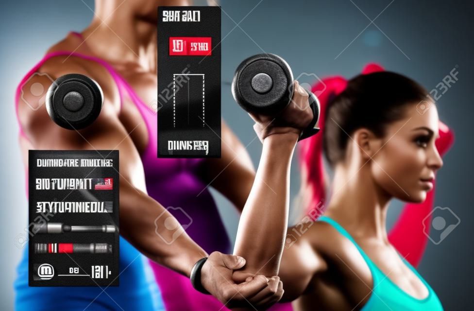 スポーツ、フィットネス、ボディービル、人々 の概念 - ダンベル仮想グラフ上のジムでの筋肉がうごめく男女