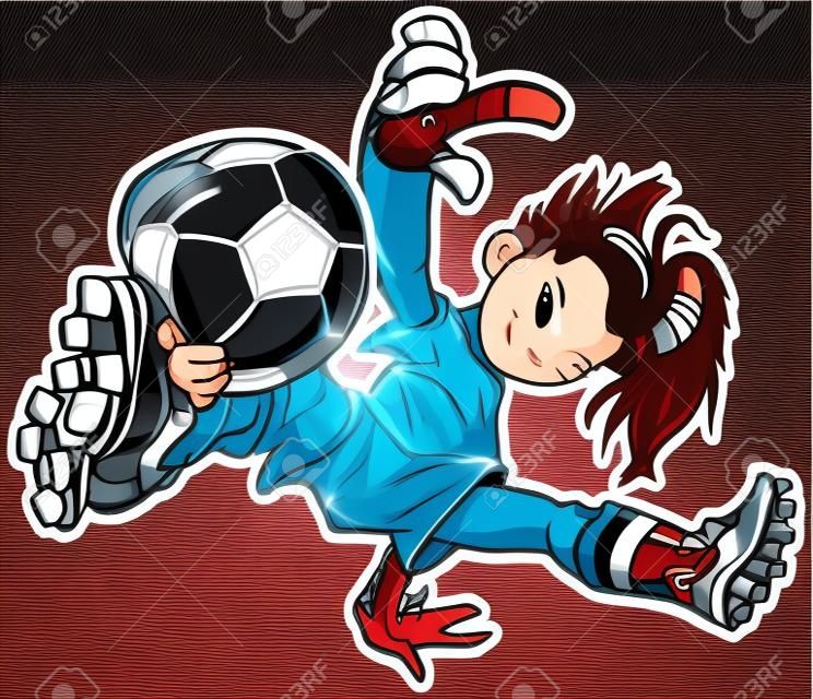 用一個霹靂舞的舉動踢足球的亞洲女孩矢量剪貼畫卡通。在白人和非洲ethicities也可以！
